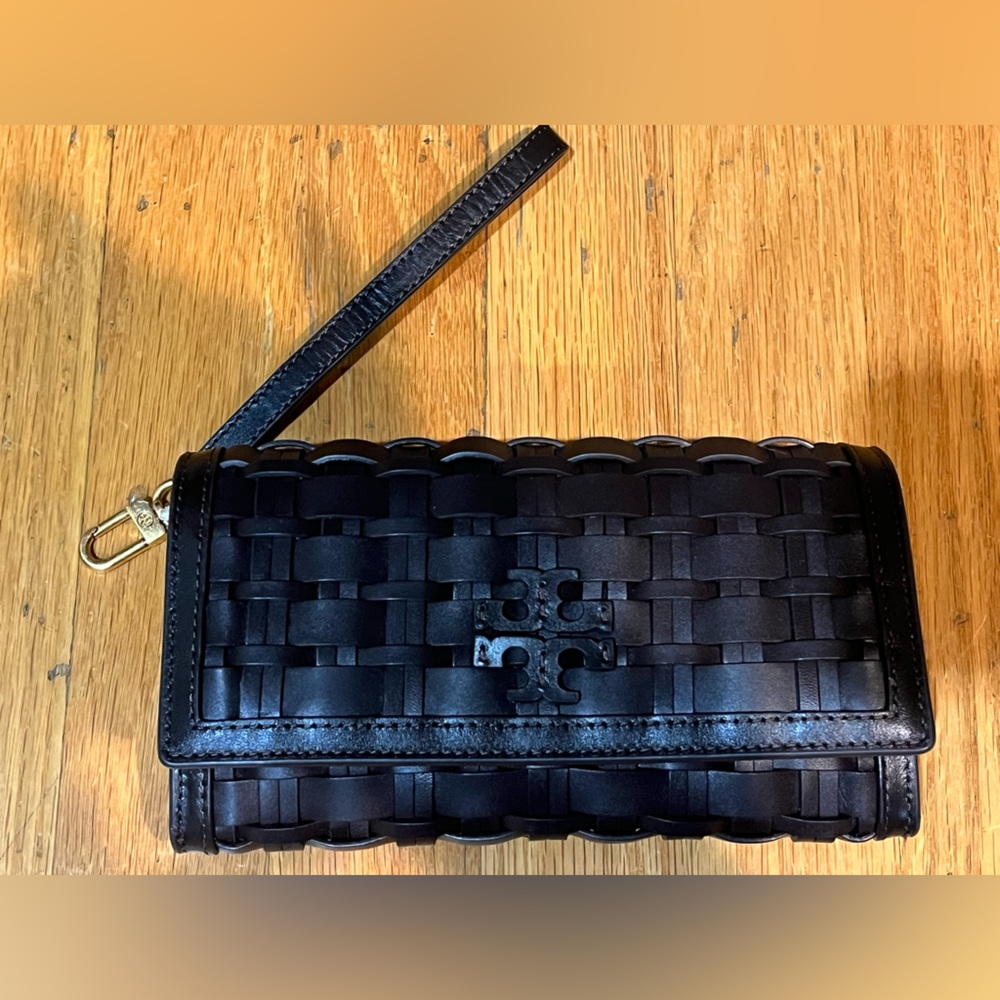 Tory Burch Britten Woven Flap Envelope Continental Wallet Chocolate